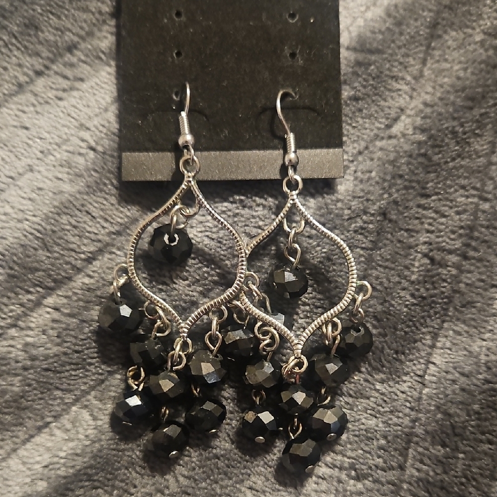 Chandelier Dangle Earrings - Black Beaded Silver-Tone